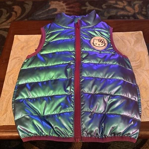 Hello Kitty Blue Metallic Puffer Vest Fushia Trim ZipKids  Girls Lined / Pockets - Picture 1 of 13