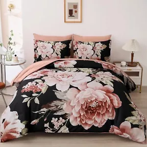 Comforter Set 7 Pieces Bed in a Bag Pink Floral Bedding Sets Queen Black - Picture 1 of 7