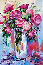 original oil painting Rose Peony pink flowers artwork Floral still life wall art