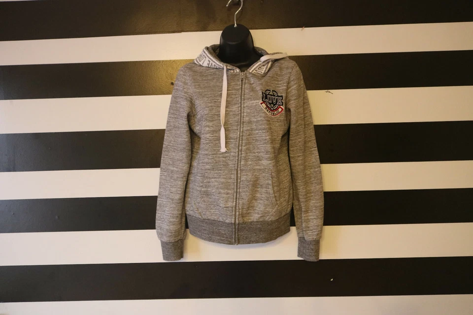 Moletom com capuz feminino Reflex Love Republic cinza zíper completo mistura de algodão tamanho M - Imagem 1 de 4