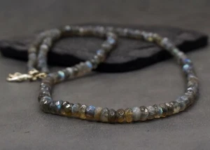 Authentic 98 Cts Natural Labradorite Faceted Round Shape Beads Necklace SK19E521 - Picture 1 of 3