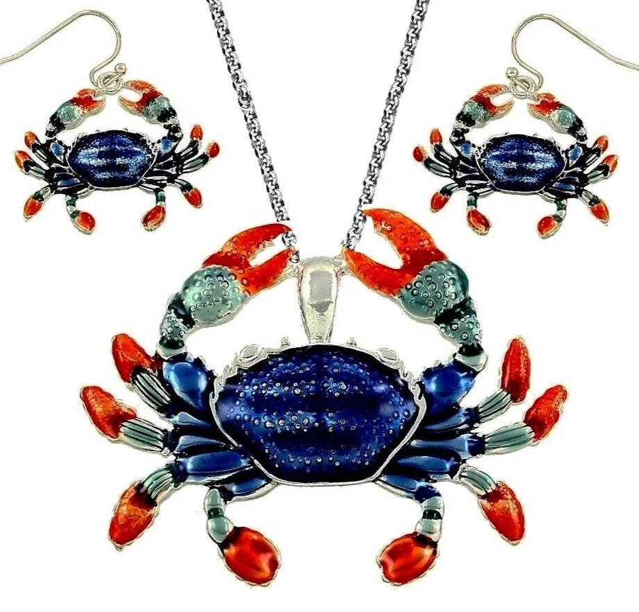 Blue Crab Pendant Necklace Earrings Set 24" Stainless Steel Chain Fast Shipping - Image 1 of 1