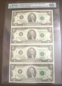 $2 1976 Federal Reserve Four Uncut Sheet Richmond PMG 65 EPQ Lot F 335 - Picture 1 of 2