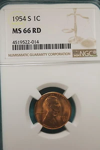 1954 S NGC MS66 RED Lincoln Wheat Cent!! #B49605 - Picture 1 of 2