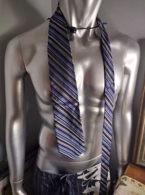 XMI Platinum Design Luxury Chrome Tie Blue Silver Striped Black 100% Silk - Image 1 of 2