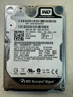 DELL N3VVG WD5000BPKT-75PK4T0 771629 500GB 7.2K RPM 32MB Cache 6Gb/s SATA2.5"HDD - Image 1 of 3