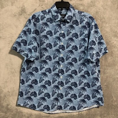 Bugatchi Mens Shirt Classic Fit Large Grecian Blue Floral Linen Cotton Blend - Image 1 of 4