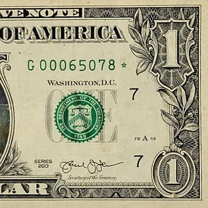 Código postal 65078 * Billete de un dólar Star Note G00065078* FW 2013 Stover MO - Imagen 1 de 8