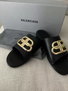 NEW BALENCIAGA Oval GOLD BB Mule Sandal In Shiny Black Sheepskin Leather 36.5 - Picture 1 of 12