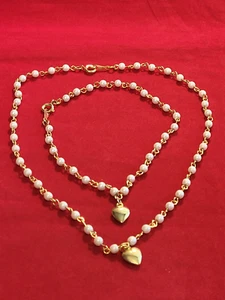 Vintage Set of Gold Tone And Tiny Faux Pearl 16" Necklace + 9" Matching Bracelet - Picture 1 of 8