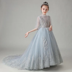 Elegant Kids Girls Embroidery Tutu Princess Dress Party Evening Gown Gray Tulle - Picture 1 of 32