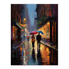 Couple de peinture à l'huile colorée romance pluvieuse promenade romantique art mural impression