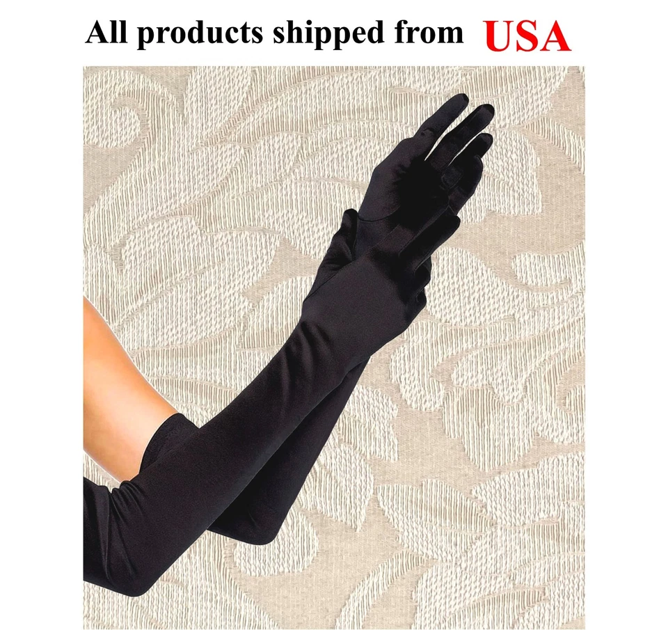 顶级品质 23 英寸黑色长缎面新娘婚礼万圣节服装歌剧手套 — 第 1/1 张图片