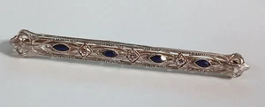 Antique 14k White Gold Filigree DIAMOND & SAPPHIRE Brooch Bar Pin - Picture 1 of 19