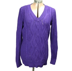 Studio Works 100% Cotton Cable Knit Sweater V-Neck Pullover Long Sleeve Purple M - Picture 1 of 24