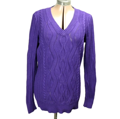 Studio Works 100% Cotton Cable Knit Sweater V-Neck Pullover Long Sleeve Purple M - Image 1 of 4