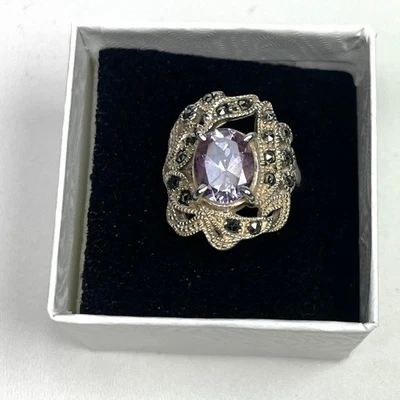Anillo vintage de plata de ley 925 amatista y marcasita, estilo Art Deco, talla 7,5 Foto 1 de 4