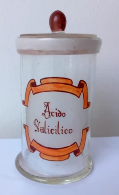 Antico Vaso Vetro Soffiato Farmacia Venezia inciso dipinto Acido Salicilico XIX - Immagine 1 di 4