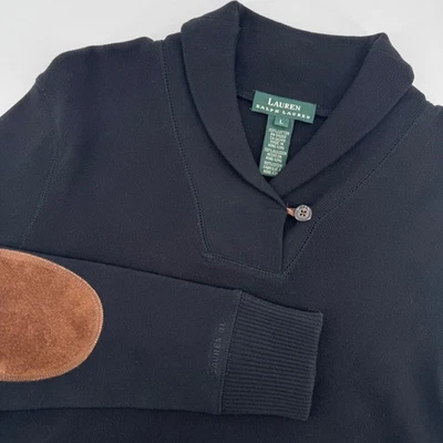 Lauren Ralph Lauren VTG Knit Dress Elbow Patch Shawl Collar Black Long Sleeve - Image 1 of 4