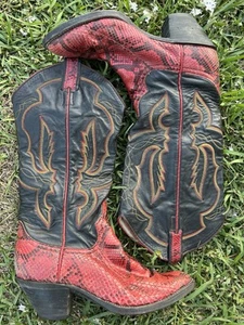 Vintage Larry Mahan Cherry Red Python Snakeskin Cowboy Boots Womens Size 6B - Picture 1 of 17
