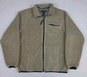 Vintage 90s Lands End Pile Fleece Zip Jacket USA Made Outdoor Tech Tan Beige M - Picture 1 of 7