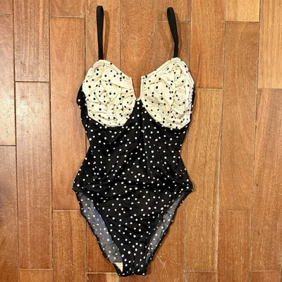 Traje de baño de colección años 80 negro blanco a lunares sujetador acanalado traje de baño Foto 1 de 4