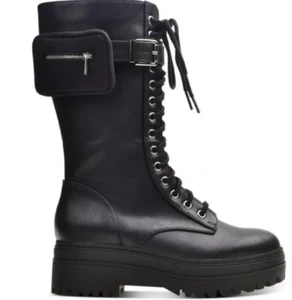 Wild Pair Black Zip Pocket Lace and Side Zip Up Moto Boots NIB 5.5M. - Picture 1 of 8
