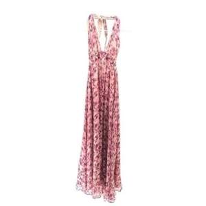 Loveshackfancy | Women’s 2 Pink Leopard Halter Maxi Dress Open Back Raw Hem - Picture 1 of 16