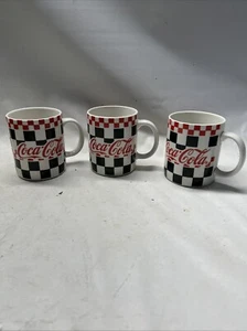 3 Coca-Cola Coffee Cups Red Black Checkered Coke Gibson Mugs 1996 Vintage Nice - Picture 1 of 5
