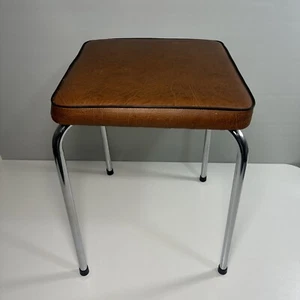Vintage Steel and Brown Leather Kitchen or Bar Stool Retro 1970s Silver Chrome - Picture 1 of 24