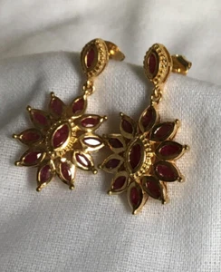 2.75 Ct, African, Ruby Earrings, Cluster, Dangle, 14K Gold Over Sterling Silver - Picture 1 of 12