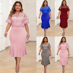 Plus Size Women Round Neck Short Sleeve Solid Lace Printed Midi Dress Party Gown - Picture 1 of 36