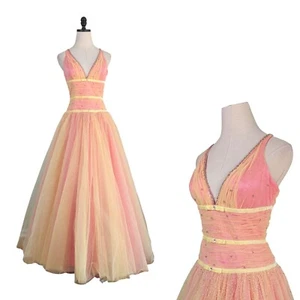 Vintage Prom Dress Maxi Ball Gown Fairy 6 90s Y2K Yellow Pink Glam Tulle Flirt - Picture 1 of 17