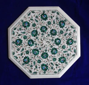 18" Handicraft corner White Marble Table Top Pietra Dure Inlay Work - Picture 1 of 4