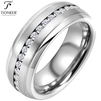 Tungsten Band w Eternity Style CZ w Step Edges in SIlver or Black w Free Engrave - Image 1 of 4