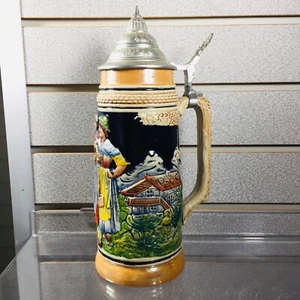 💥 Vintage West Germany Österreich Alpen Bierstein mit Zinndeckel Becher handbemalt 💥 - Bild 1 von 16