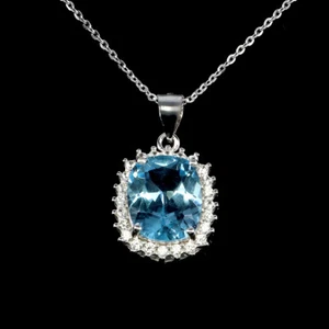 925 Sterling Collana Argento Antico Topazio Blu 12x10mm Zircone Gemma Gioielli - Foto 1 di 13