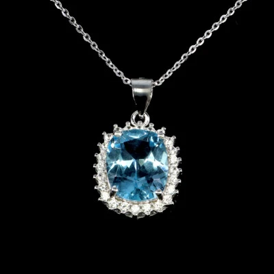 925 Sterling Collana Argento Antico Topazio Blu 12x10mm Zircone Gemma Gioielli - Immagine 1 di 4