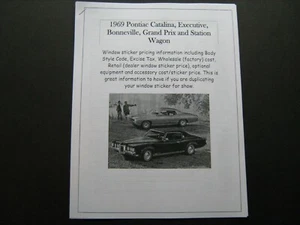 1969 Pontiac Full-Size dealer cost/retail sticker pricing for cars/options--'69 - Picture 1 of 1