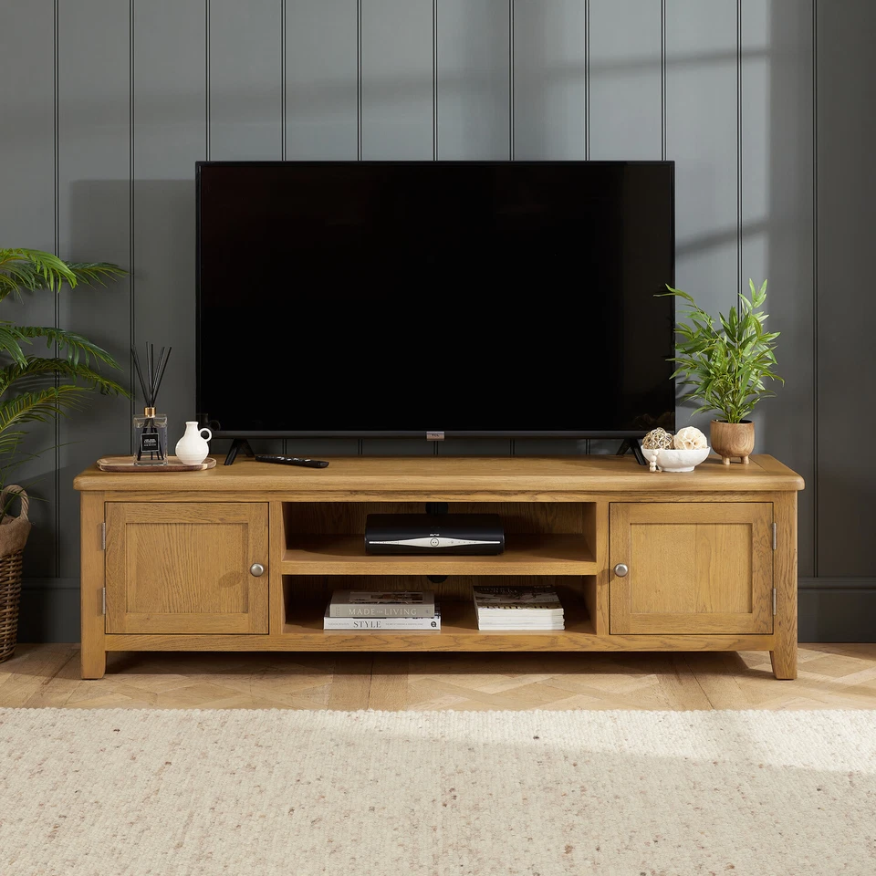 Cotswold Rustic Smoked Oak Large Widescreen TV Unit Stand – Up to 80” TV Size - Image 1 of 4
