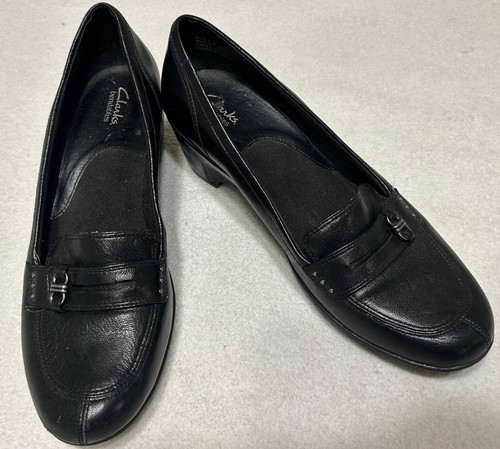 Mocassini pieghevoli da donna neri Clarks taglia 8 5 M fibbia slide zeppa