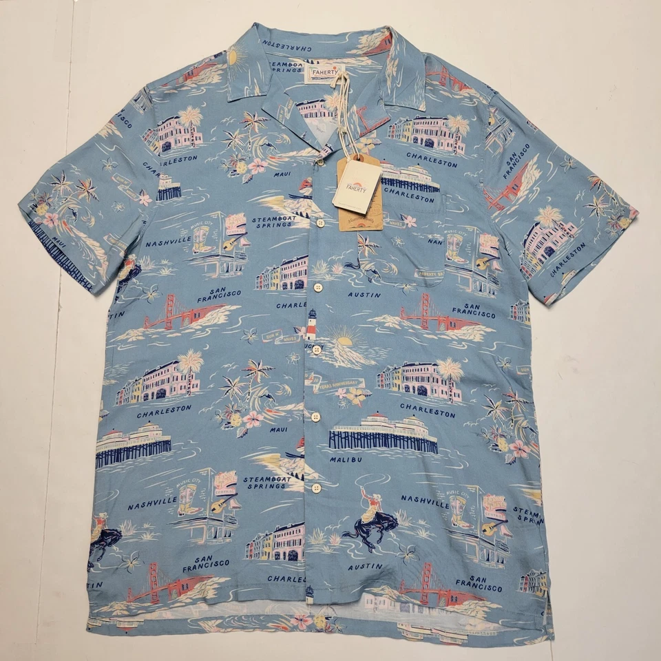 Faherty Men’s Kona Short Sleeve Camp Shirt Tour Print Button-Blue-Medium