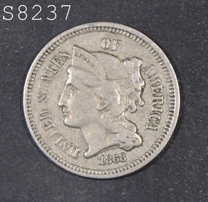 1868 Three-Cent Piece (Nickel) "VF/XF" *Free S/H After 1st Item* - Picture 1 of 2