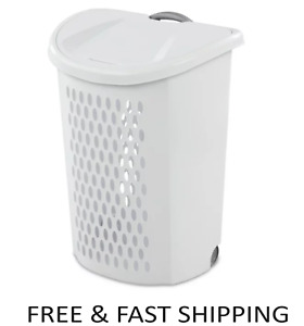Wheeled Plastic Laundry Hamper Rolling Large Load Storage Basket with Lid, White