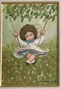 Marcello Innocenti Art Italy Girl On A Swing Orig Painting On Board 1970s Framed - Picture 1 of 7