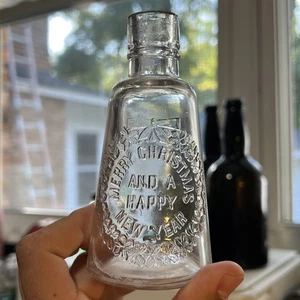 Antique Blown BIM Merry Christmas Happy New Year Glass Flask Cone Whiskey Bottle - Picture 1 of 10