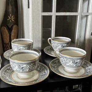 Wedgwood China Florentine Set of 4 Tea cups and saucer dragon black and white go - Picture 1 of 6