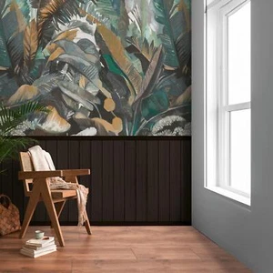 Wood Slats Jungle Wallpaper 39809-1 Black 2in1 Tropical Leaves AS Creation Vinyl - Picture 1 of 4