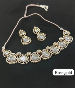 Bollywood Indian Rose Gold Plated CZ Bridal Choker Necklace Wedding Jewelry Set - Picture 1 of 2