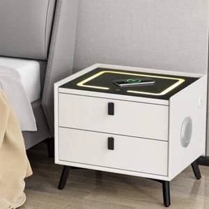Artiss Smart Bedside Table 2 Drawers with Wireless Charging Ports LED White AIKA - Picture 1 of 7